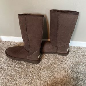 Tall Brown Ugg Boots. Stain on back left boot